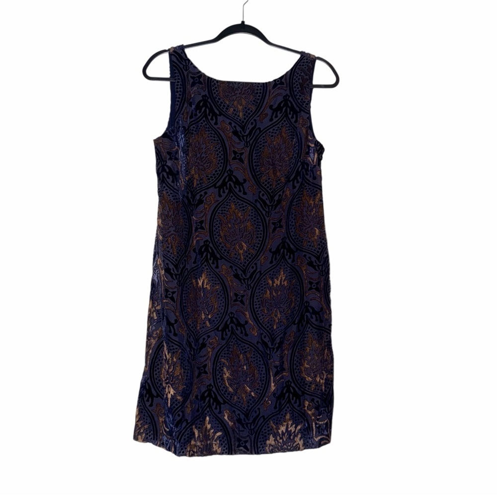 Loft Low Back Shift Dress Navy and Gold Patterned Size Small